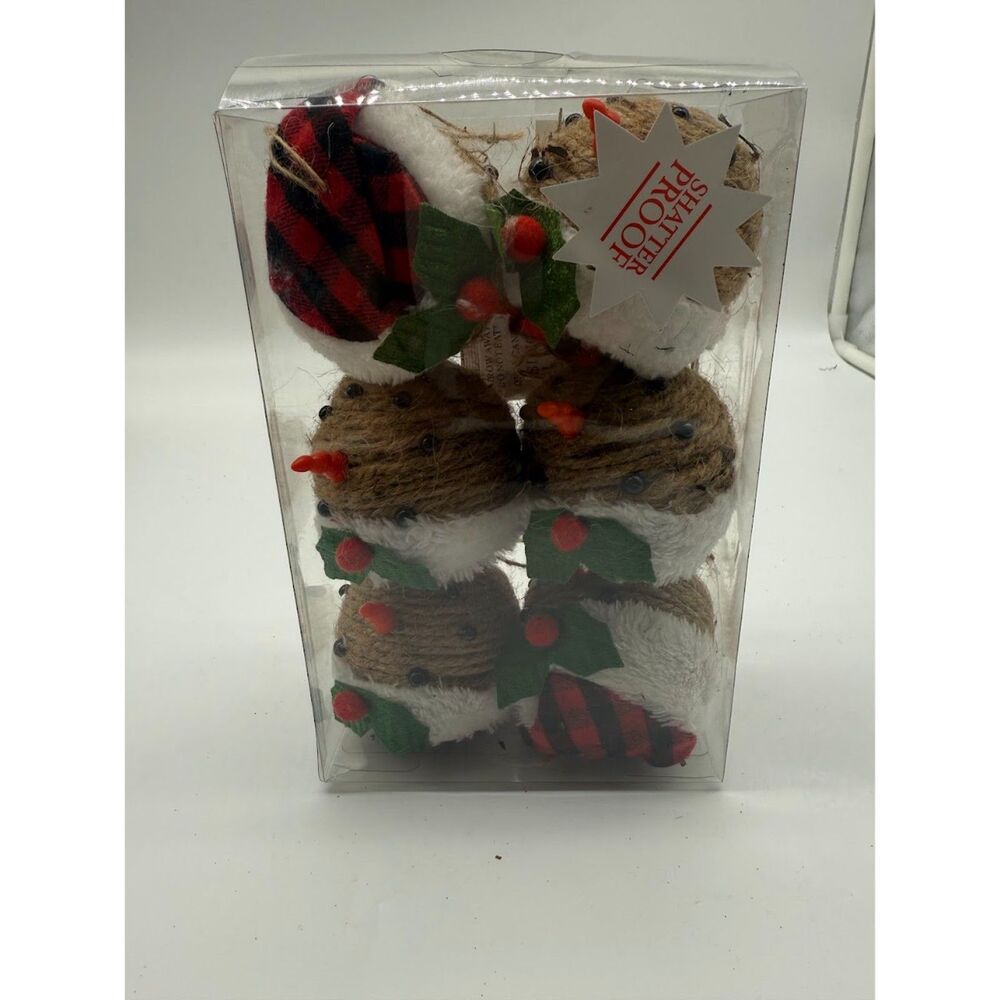 six rustic, shatterproof snowman ornaments